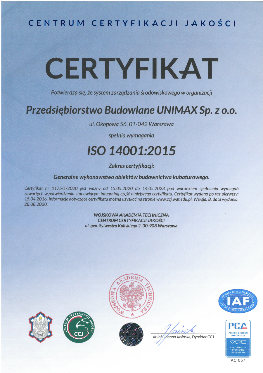 Certyfikat ISO 14001 2015